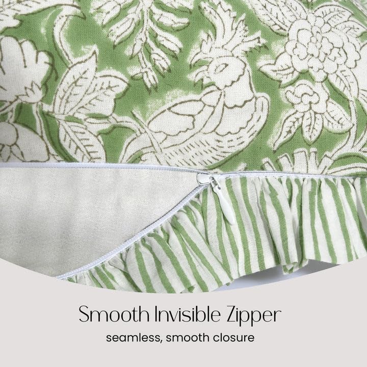 CPC COTTON PRINT CLU CPC Olive Green 100% Cotton Block Print Ruffle Sham Cover 12x20 inch  Handmade Boho Floral Pillowcase  Farmhouse Cottagecore Bedding  Soft Decorative Cushion Cover for Bedroom D?cor - Image 3